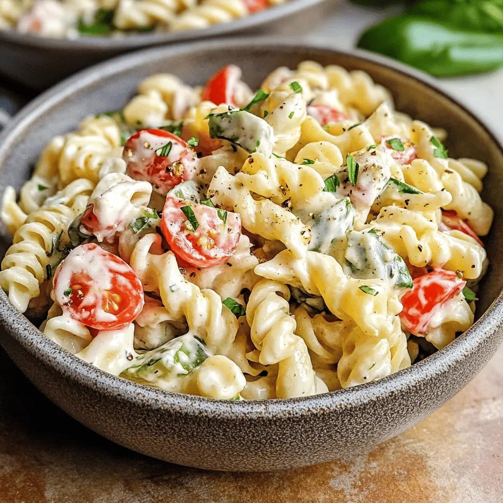 This creamy pasta salad is a colorful and delicious addition to any meal! Packed with fresh vegetables and a rich, zesty dressing, it's perfect for picnics, barbecues, or a quick lunch. Savory flavors come together in every bite, making it a crowd-pleaser. Save this recipe for your next gathering and impress your friends and family with this tasty dish!