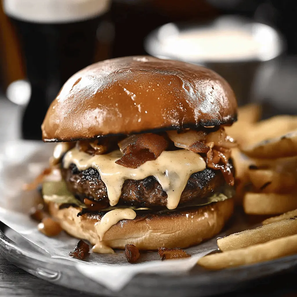 Looking for a tasty twist on your classic burger? This Delicious Irish Pub Burger is loaded with mouthwatering flavors! Featuring juicy beef, savory Irish cheddar, and a rich Guinness sauce, it's a burger you'll want to make again and again. Perfect for game night or a cozy dinner. Save this recipe to impress your friends and family!