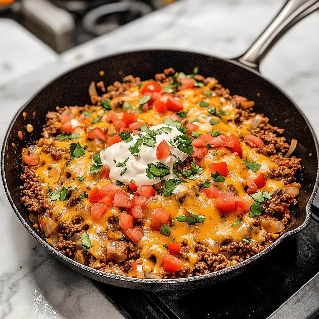 Make weeknight dinners a breeze with this Ground Beef Burrito Skillet! This one-pan meal is loaded with savory ground beef, zesty spices, and all your favorite burrito toppings, making it a family favorite. Perfect for busy nights, just prepare and enjoy in one dish. Save this recipe for a quick and delicious dinner idea anytime!