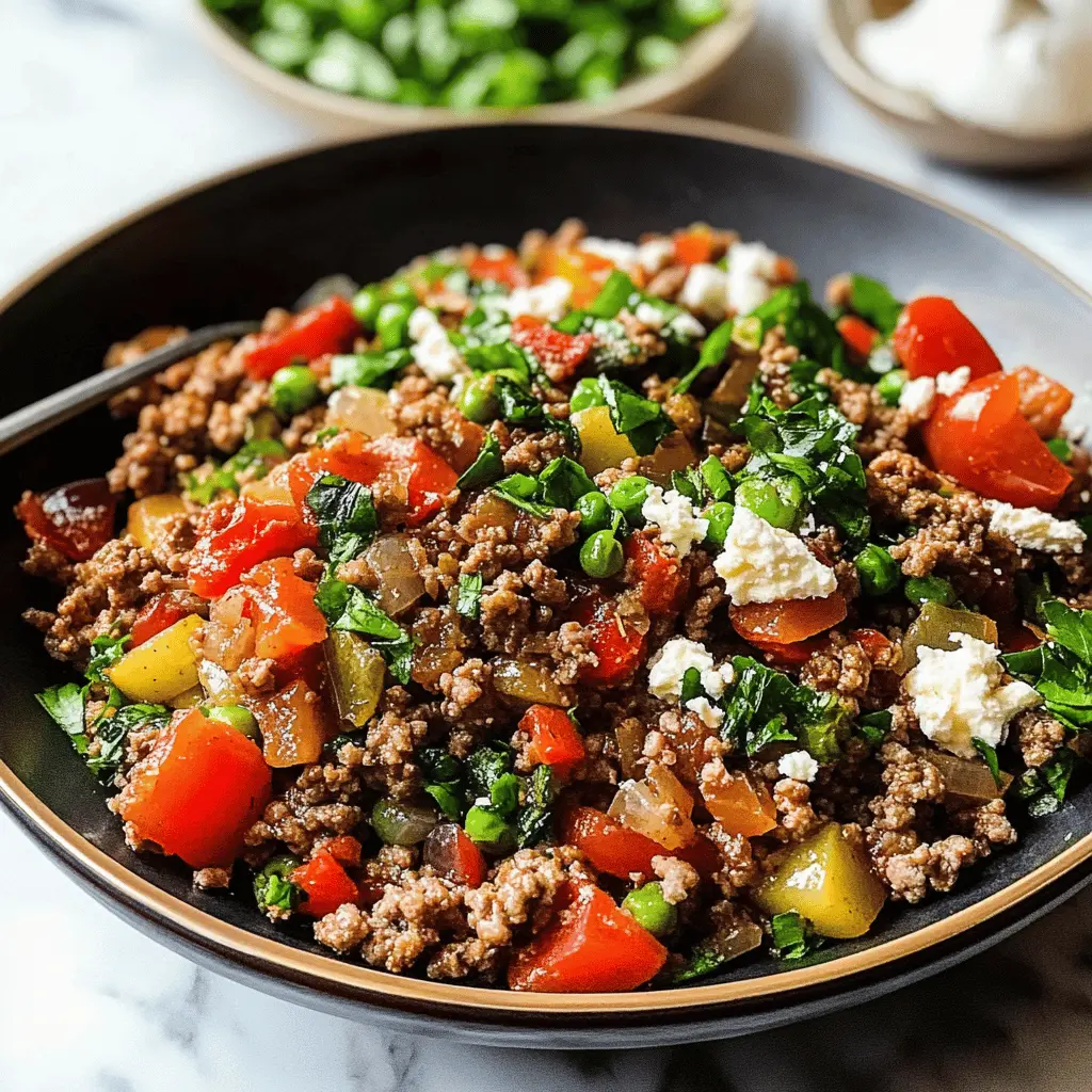 Looking for a quick and tasty meal? This Mediterranean Ground Beef Stir Fry is packed with fresh veggies and bold flavors! With spices like cumin and paprika, plus olives and feta, it's a delightful twist on a weeknight dinner. Perfect for busy evenings or meal prepping for the week. Save this pin for your next cooking adventure!