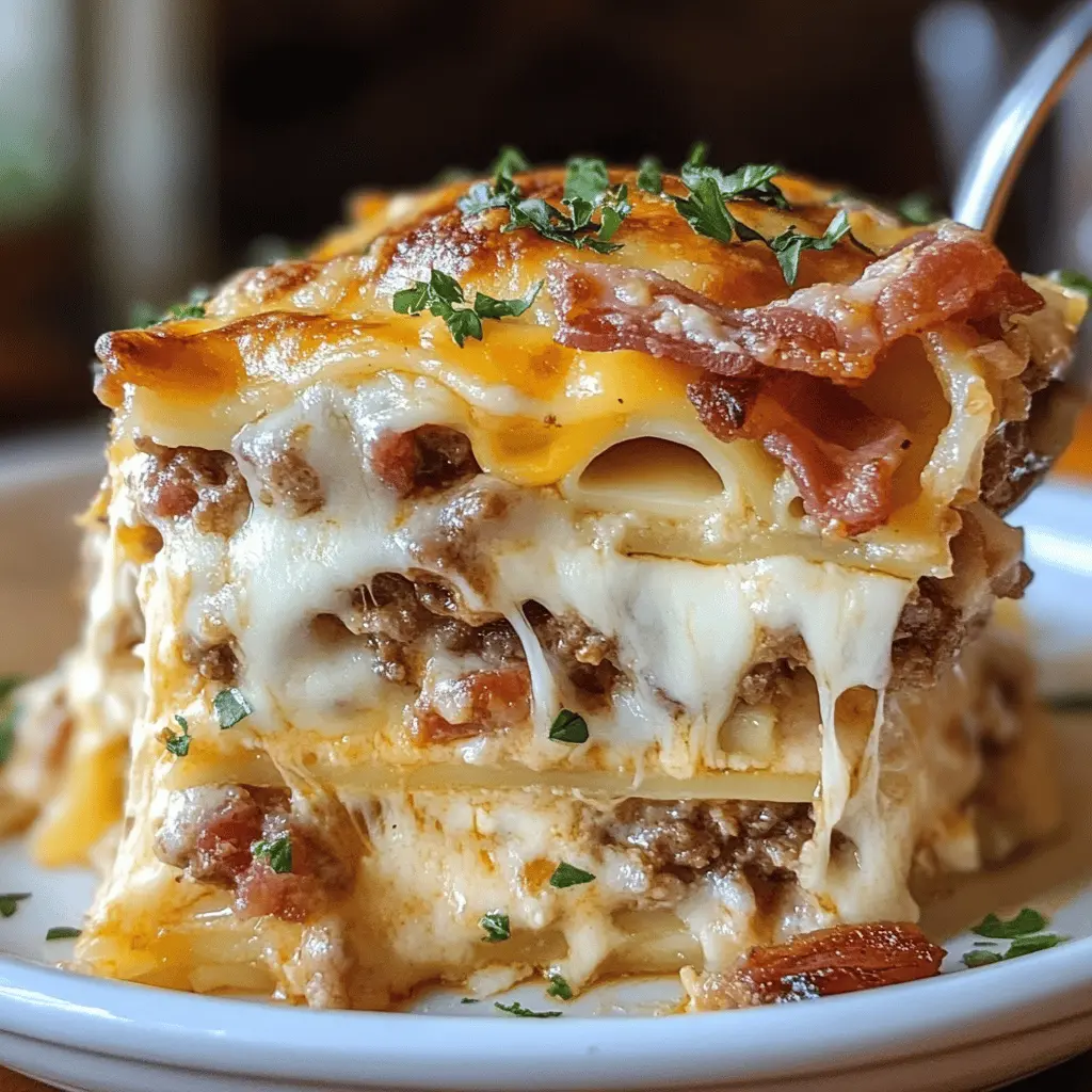 Get ready for a tasty twist on a classic dish with this Parmesan Garlic Bacon Cheeseburger Lasagna! Layers of savory beef, crispy bacon, and gooey cheese come together with rich marinara for a comforting meal. Perfect for family dinners or potlucks, this unique lasagna is sure to impress. Save this recipe for your next cooking adventure!