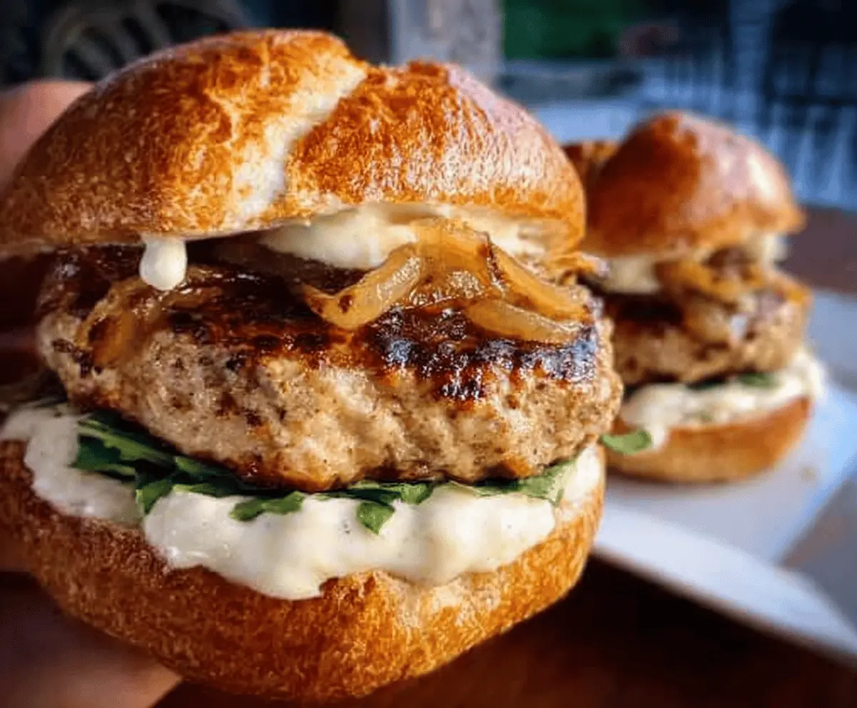 Easy Turkey Burgers With Caramelized Onions And Aioli