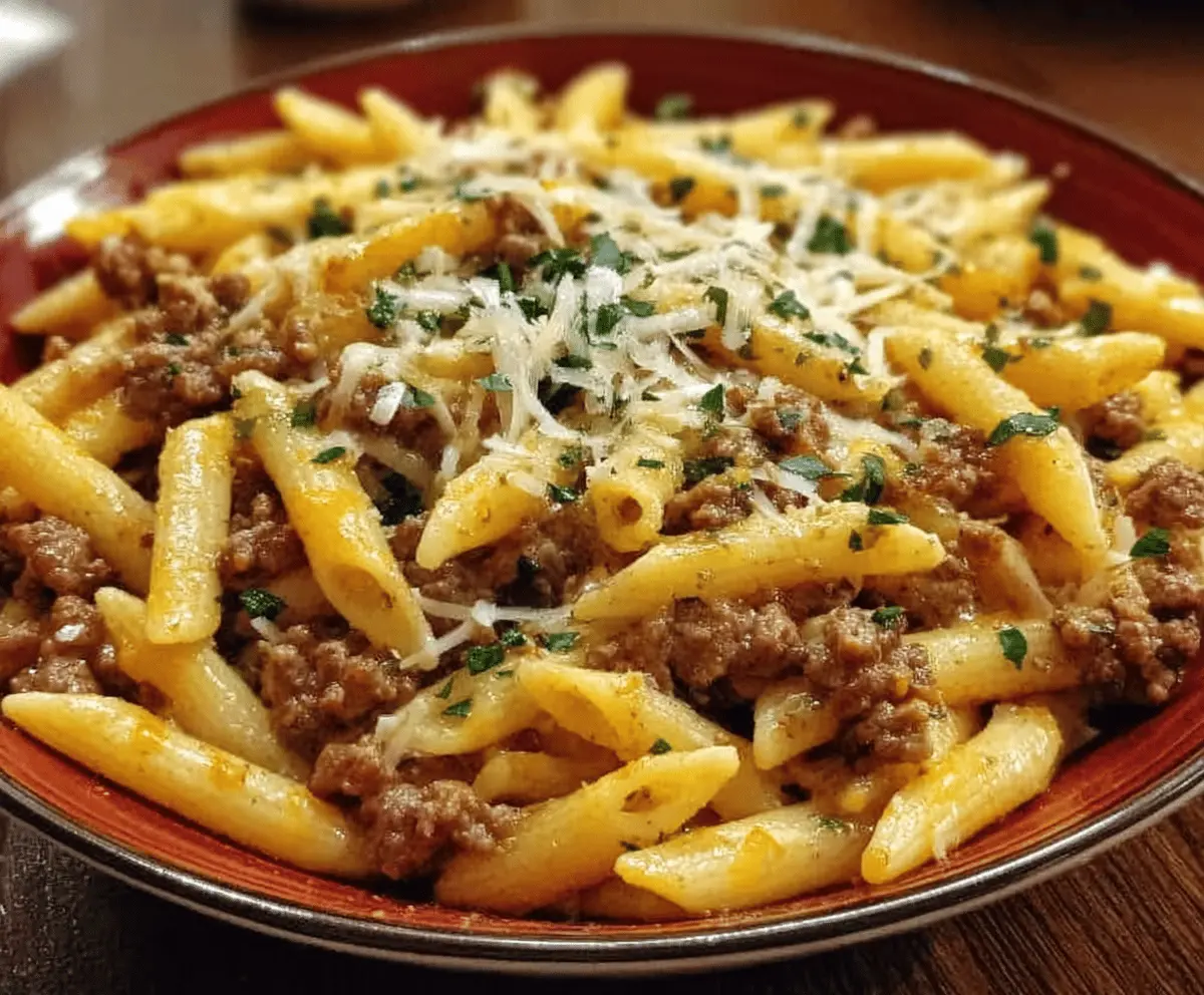Cheesy Penne with Garlic Butter Ground Beef Recipe