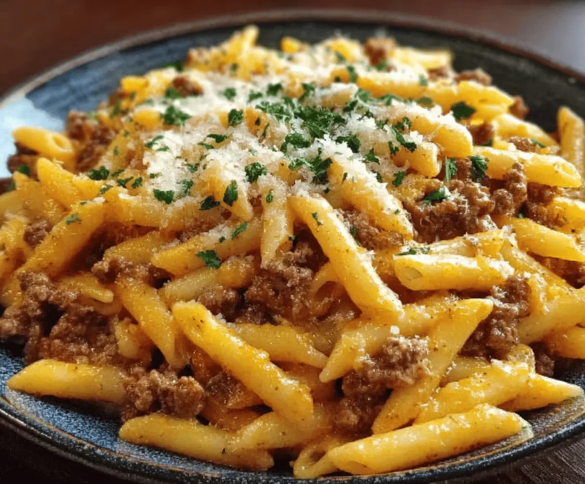 Cheesy Penne with Garlic Butter Ground Beef Recipe