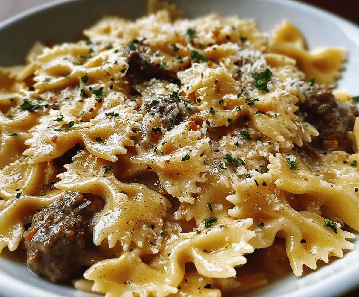 Creamy Garlic Parmesan Bowtie Pasta with Beef