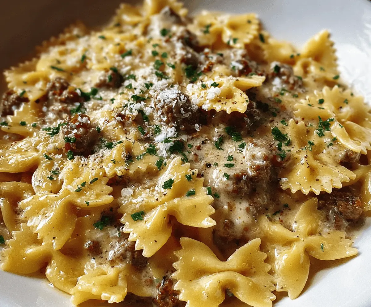 Creamy Garlic Parmesan Bowtie Pasta with Beef