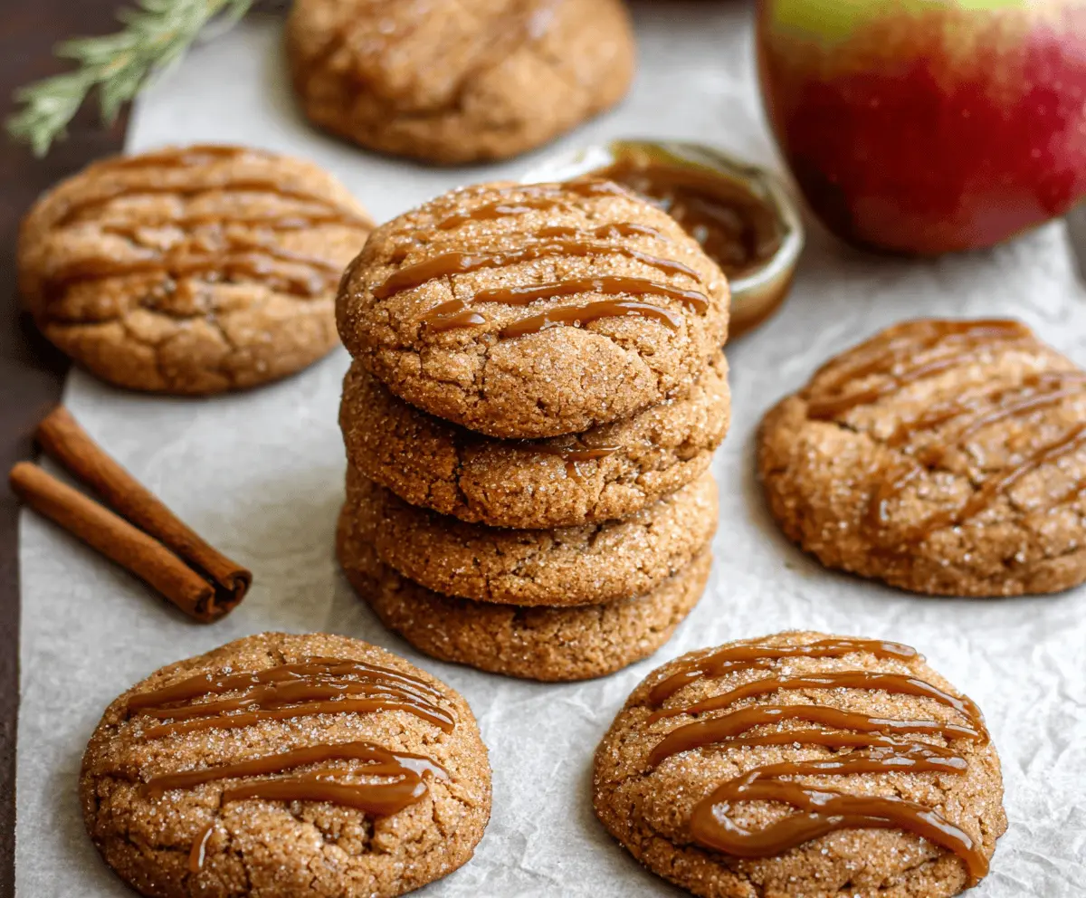 Golden-brown Apple Butter Cookies topped with a sprinkle of cinnamon and sugar on a rustic wooden surface.