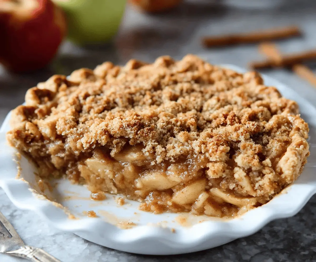 Delicious homemade apple crisp pie topped with golden-brown crumble, ready to serve as a warm, comforting dessert