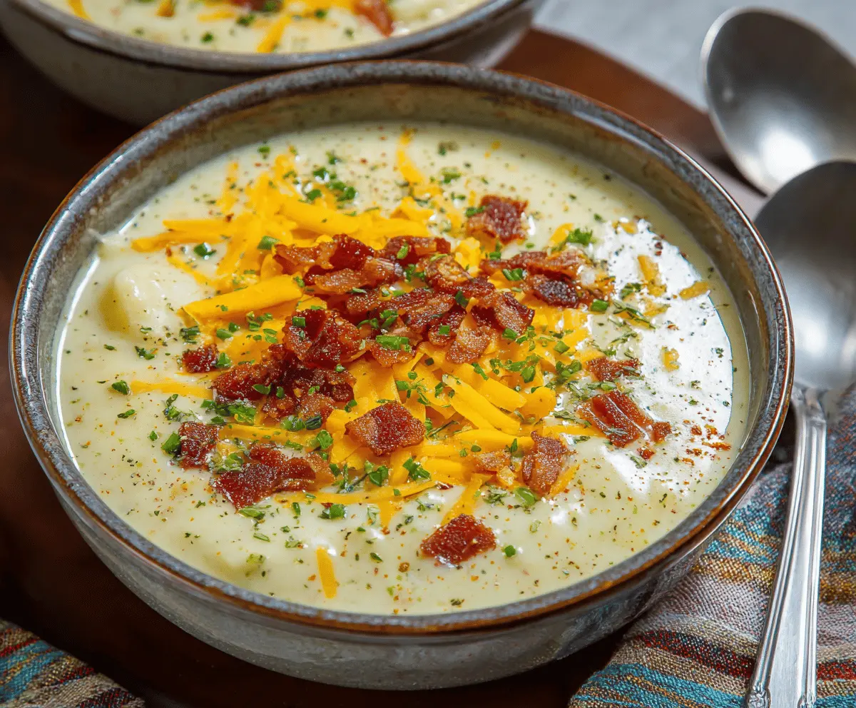 Creamy baked potato soup in a bowl garnished with chopped chives and shredded cheese, served with a crusty bread side.