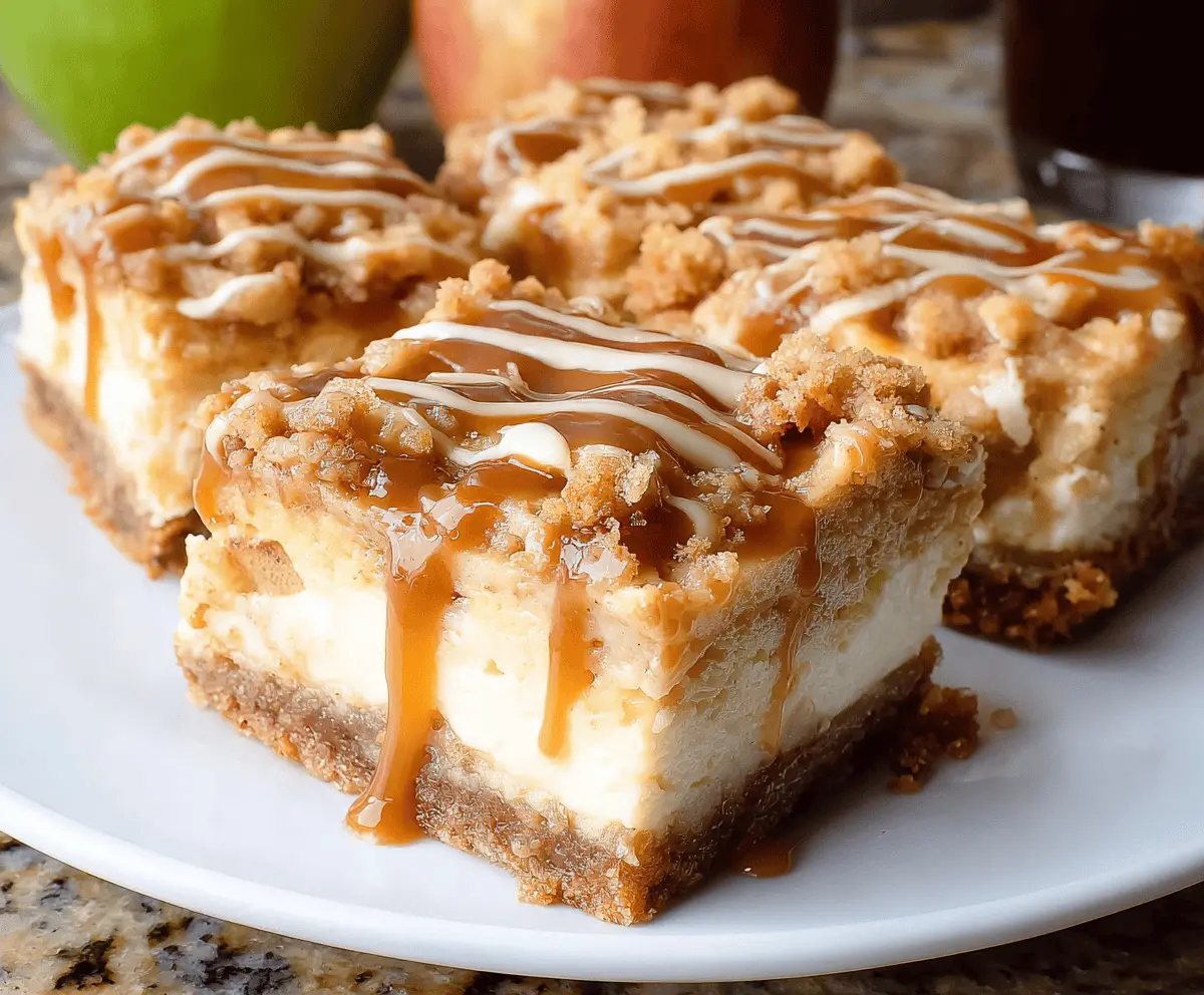 Delicious caramel apple cheesecake bars with a golden crust, creamy cheesecake filling, and caramel topping, garnished with sliced apples and a drizzle of caramel sauce.
