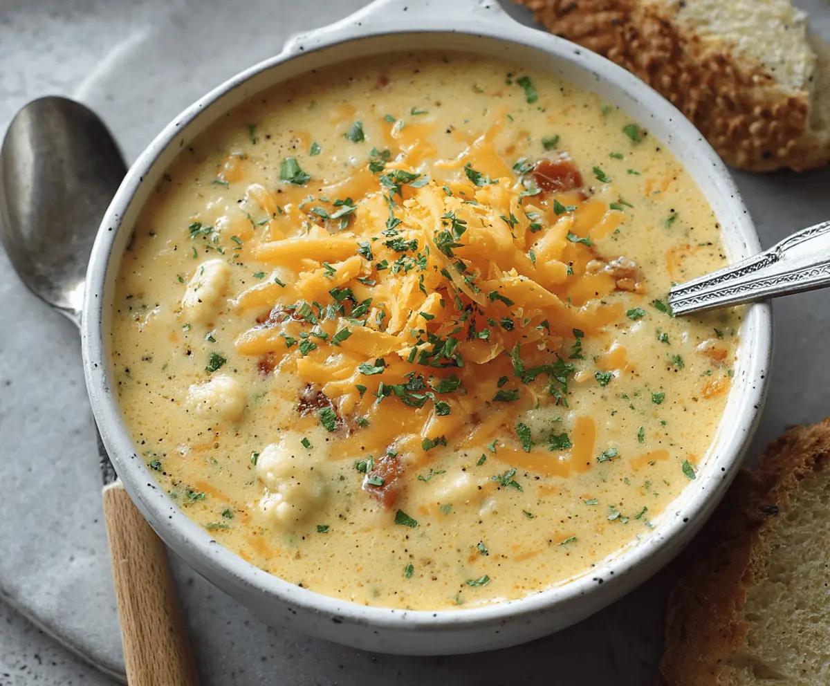 Creamy Cheddar Cauliflower Soup served in a bowl with fresh herbs, perfect for a warm, comforting meal.
