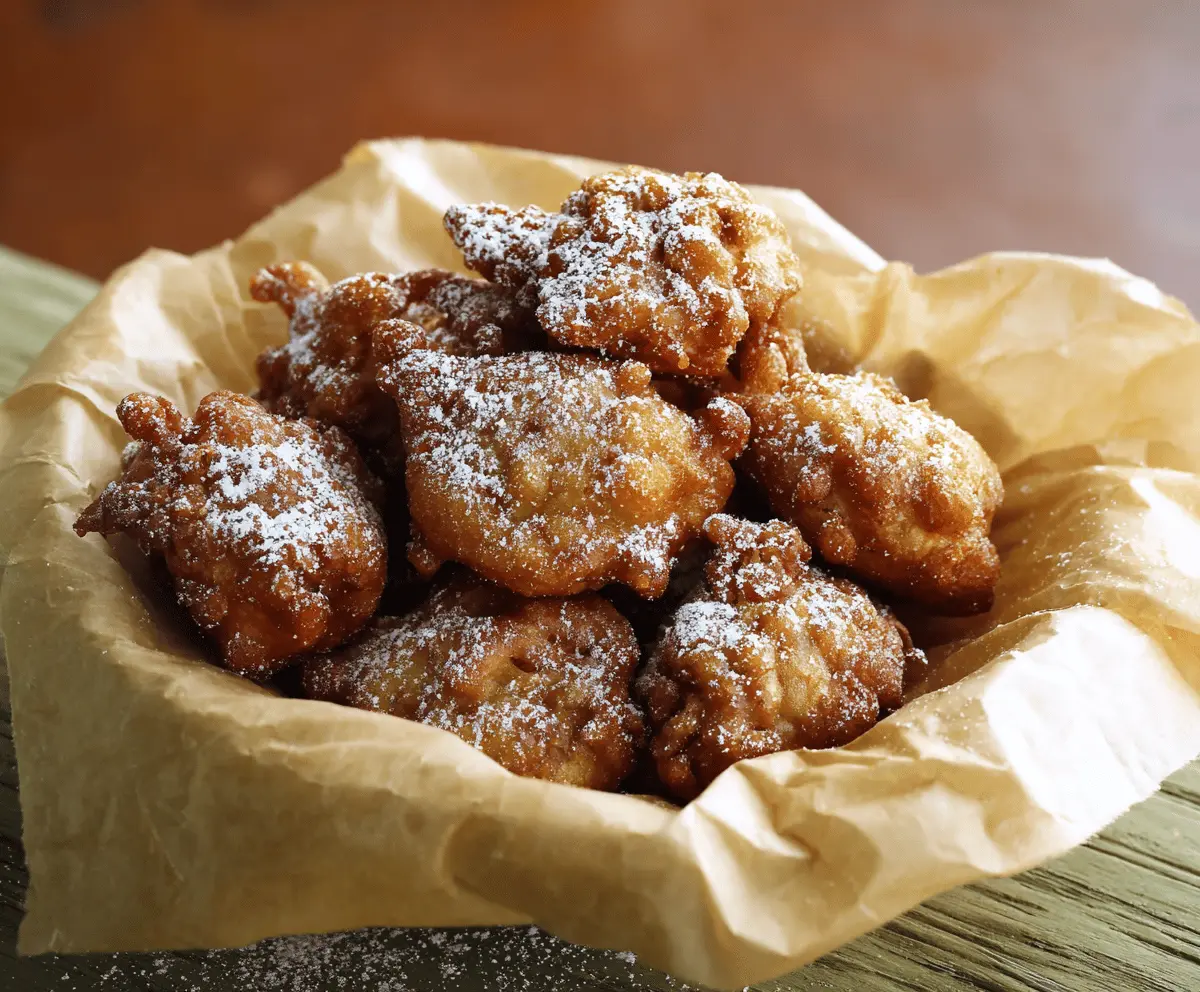 Golden cinnamon apple fritters topped with powdered sugar on a rustic plate, perfect for a sweet treat or breakfast.