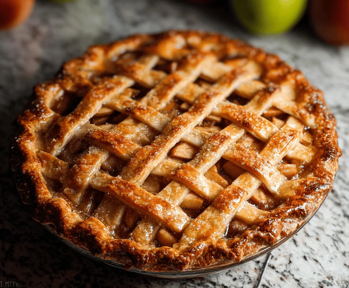 Delicious homemade apple pie with flaky golden crust, fresh apple slices, and cinnamon filling ready to serve.