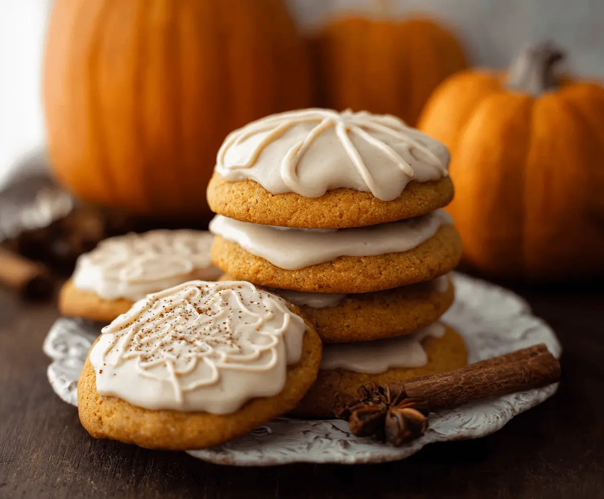 Delicious pumpkin frosted cookies with orange icing and sprinkles on a festive plate, perfect for fall celebrations