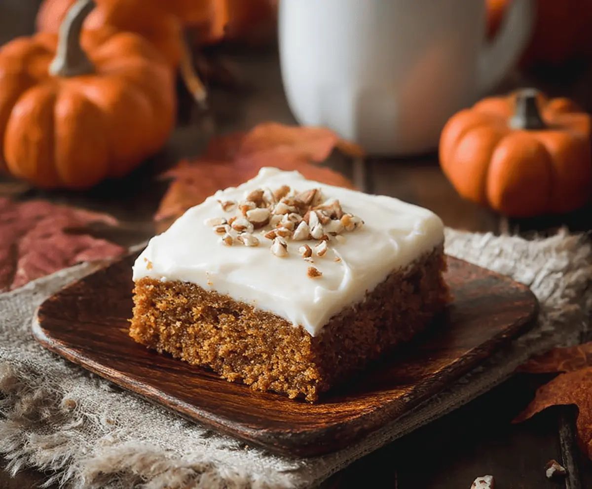 Delicious pumpkin sheet cake topped with creamy cream cheese frosting, perfect for fall dessert recipes.