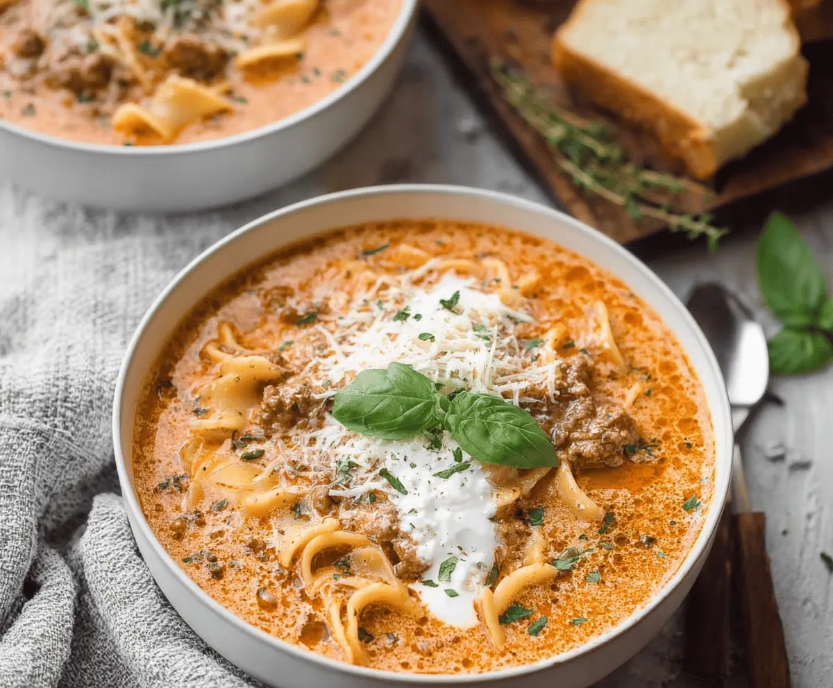 Creamy lasagna soup in a slow cooker garnished with fresh basil and shredded cheese, ready to serve.