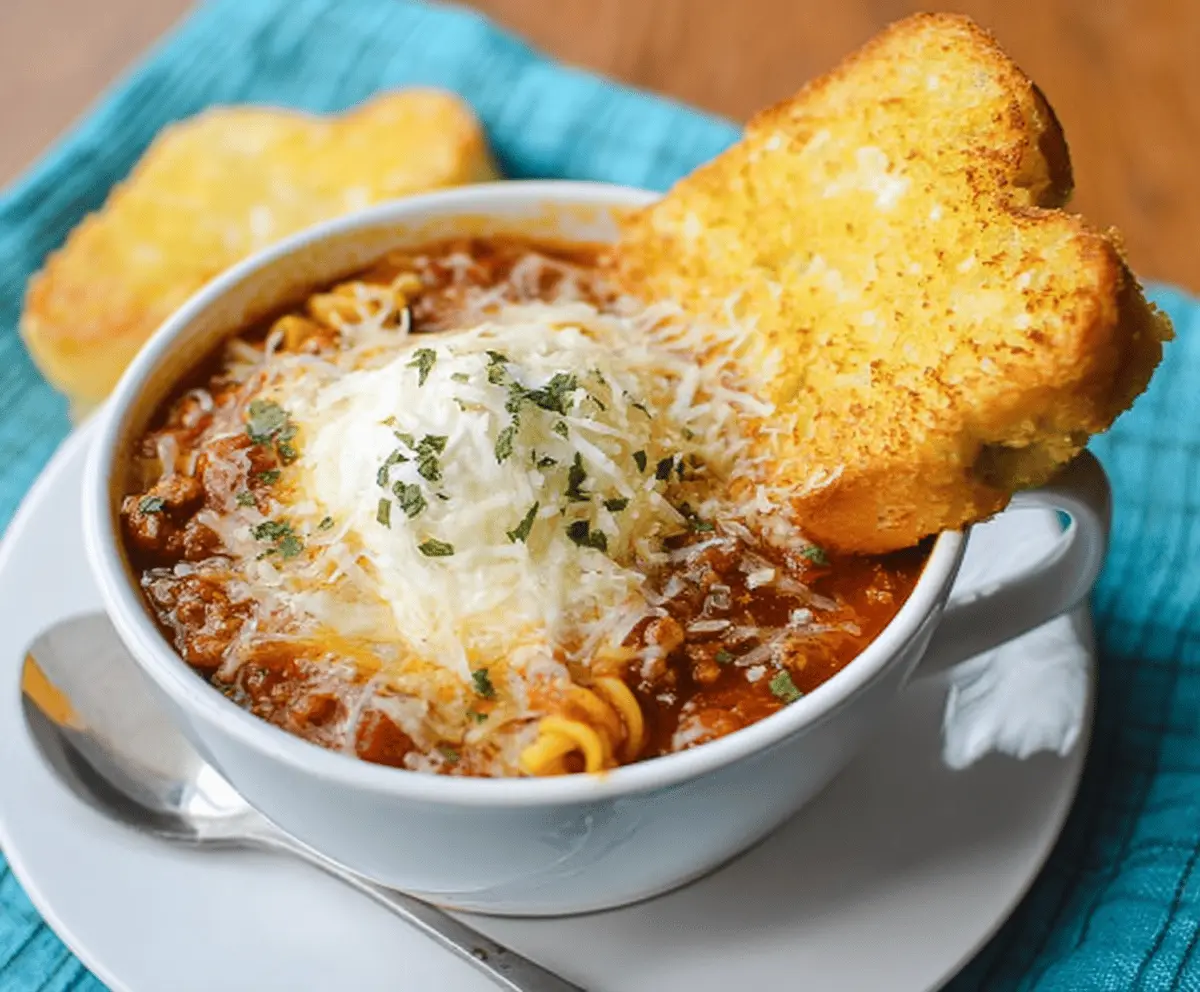 Creamy Three-Cheese Lasagna Soup in a bowl with melted cheese, tomato sauce, and fresh herbs, served with bread on the side