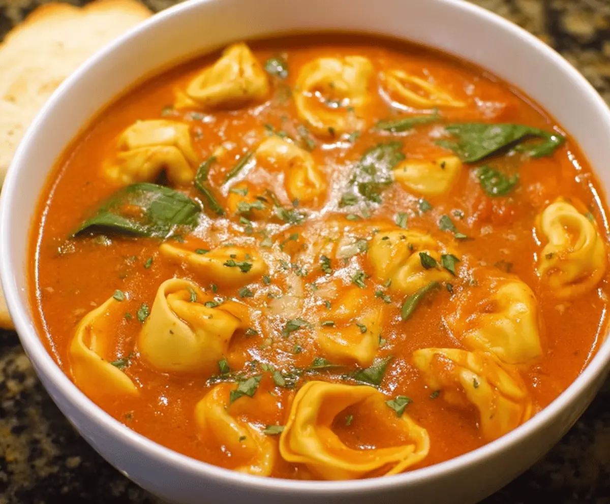 Creamy tomato tortellini soup with fresh basil and grated cheese served in a bowl, perfect for a comforting and flavorful meal.