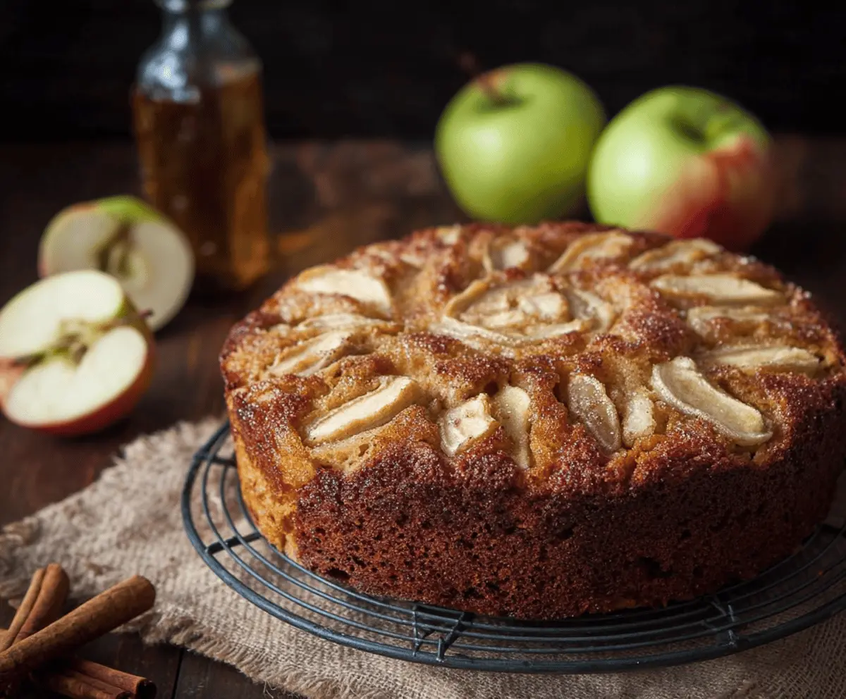Delicious homemade apple cider cake with caramel glaze and fresh apple slices on top, perfect for fall baking.