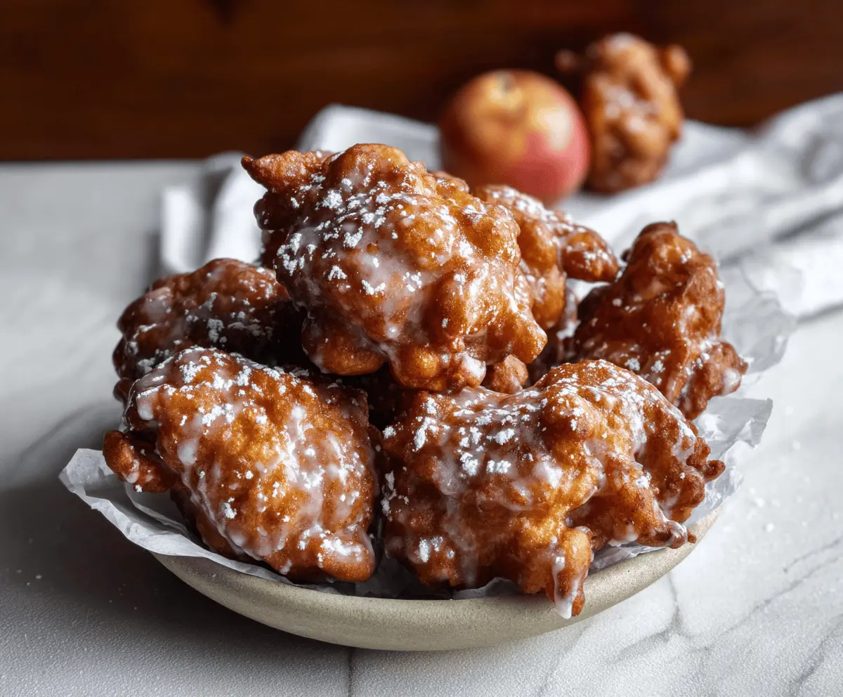 Golden, freshly made apple fritters with crispy exterior and tender apple filling, dusted with powdered sugar for a delicious treat.