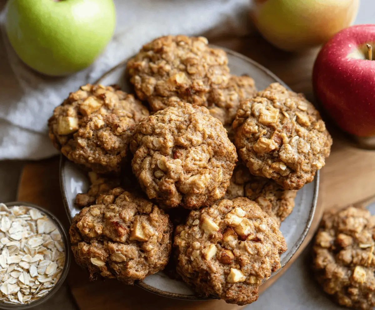 Freshly baked apple oatmeal cookies with golden-brown edges and a chewy texture, featuring visible chunks of apple and oats, perfect for a healthy snack.
