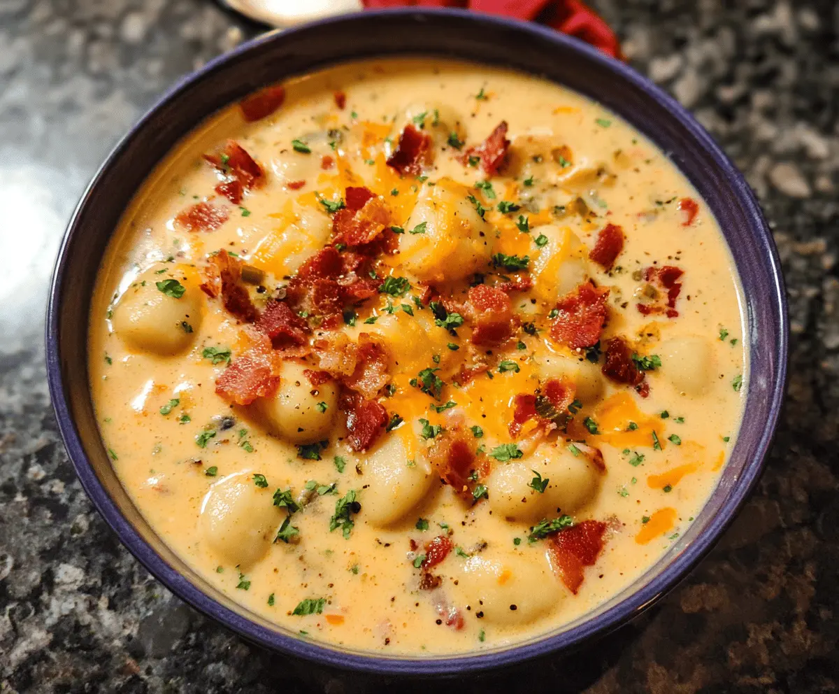 Creamy Bacon Cheddar Gnocchi Soup in a bowl topped with crispy bacon and shredded cheddar cheese, served with fresh herbs