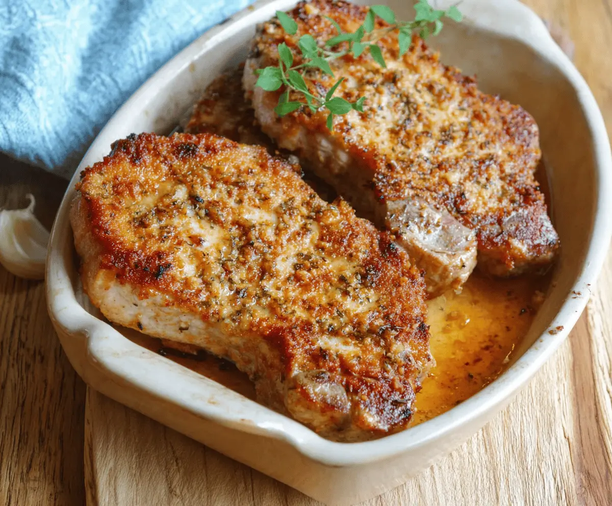 Juicy baked pork chops seasoned with herbs and spices, served with roasted vegetables on a white plate.