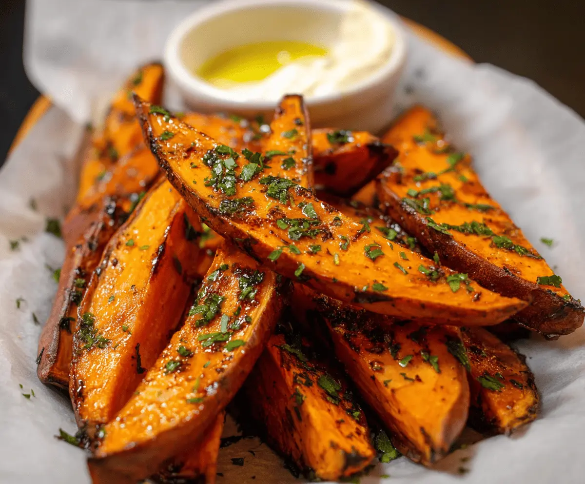 Golden baked sweet potato wedges on a rustic wooden surface, perfect for a healthy snack or side dish