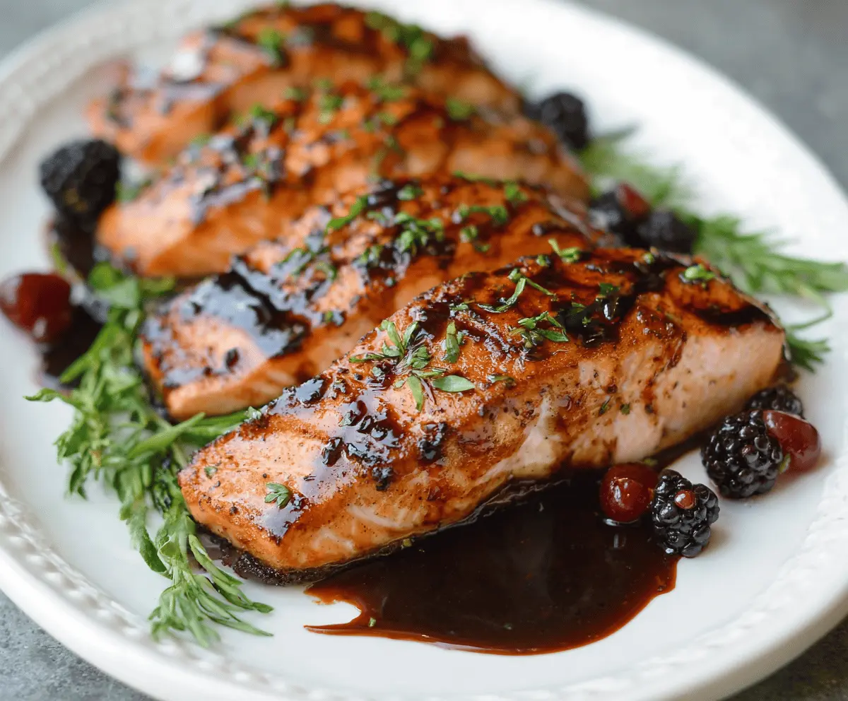 Delicious balsamic glazed salmon served with fresh herbs on a white plate