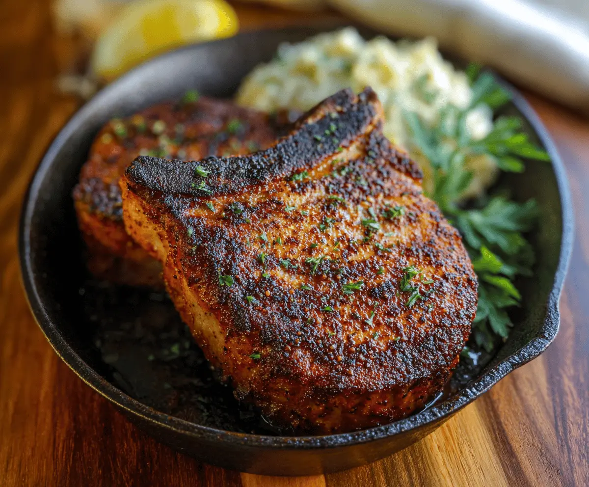 Juicy blackened pork chops grilled to perfection on a rustic plate.