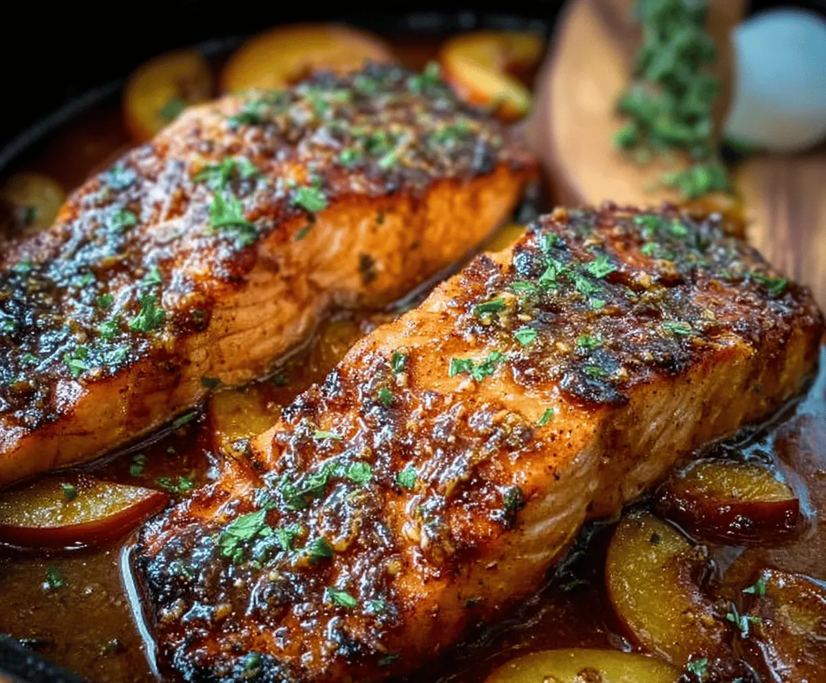 Delicious Bourbon Peach Roasted Salmon served with fresh peaches and herbs on a rustic plate