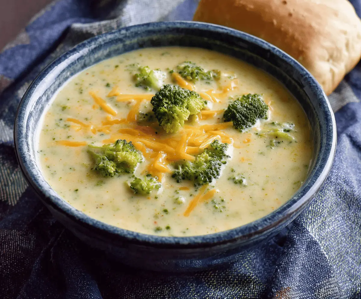 Creamy broccoli cheese soup served in a bowl with fresh broccoli florets and melted cheese, perfect for a comforting meal.