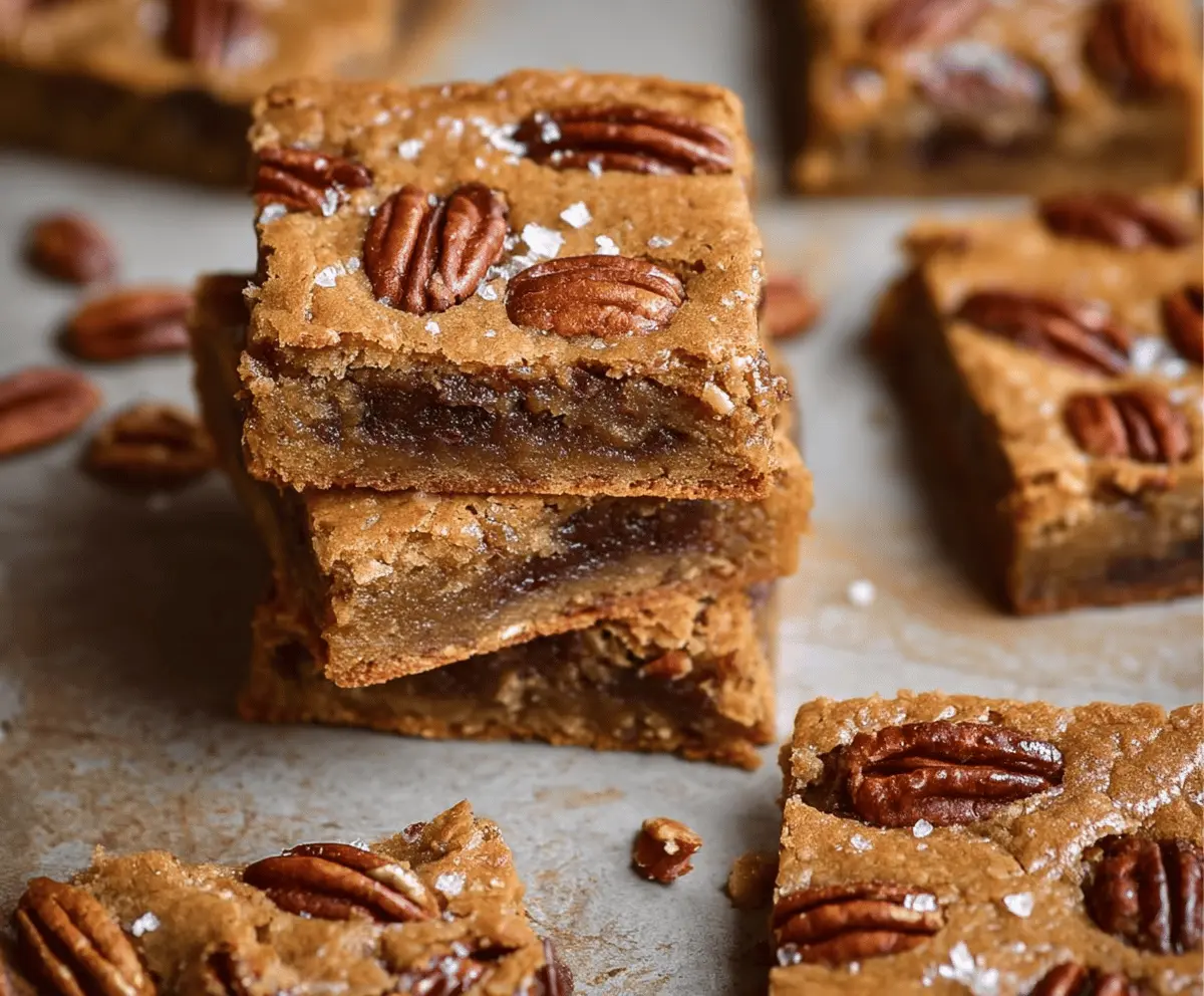 Delicious Brown Butter Pecan Blondies with a golden crust and crunchy pecan topping, perfect for a sweet treat.
