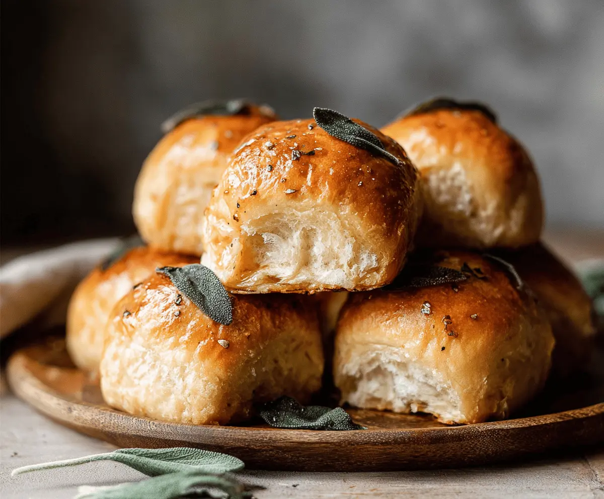 Golden brown butter sage dinner rolls freshly baked and soft, perfect for any meal.