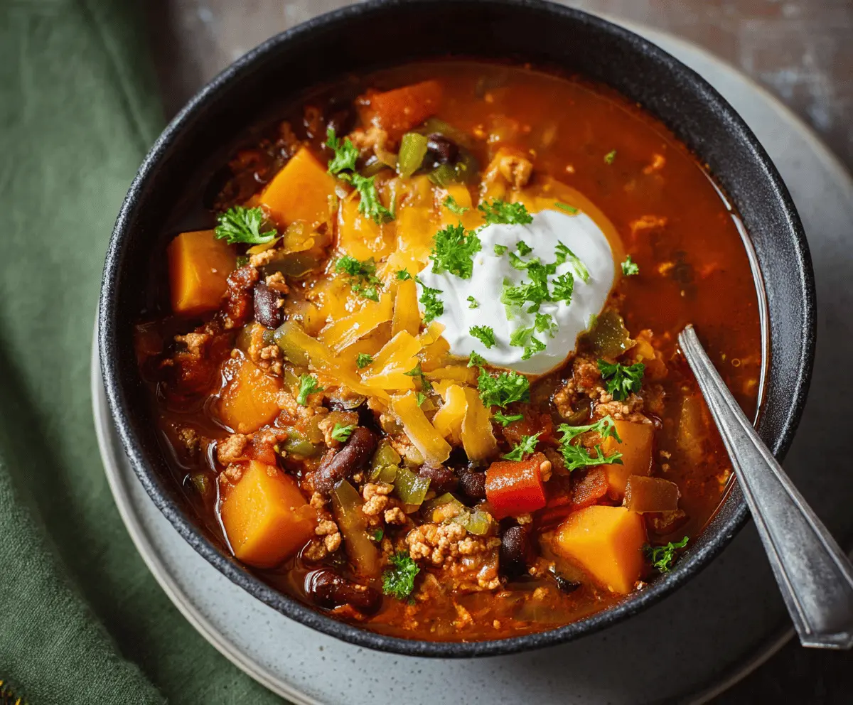 A steaming bowl of hearty butternut squash chili topped with fresh herbs and served with tortilla chips, perfect for a cozy meal.