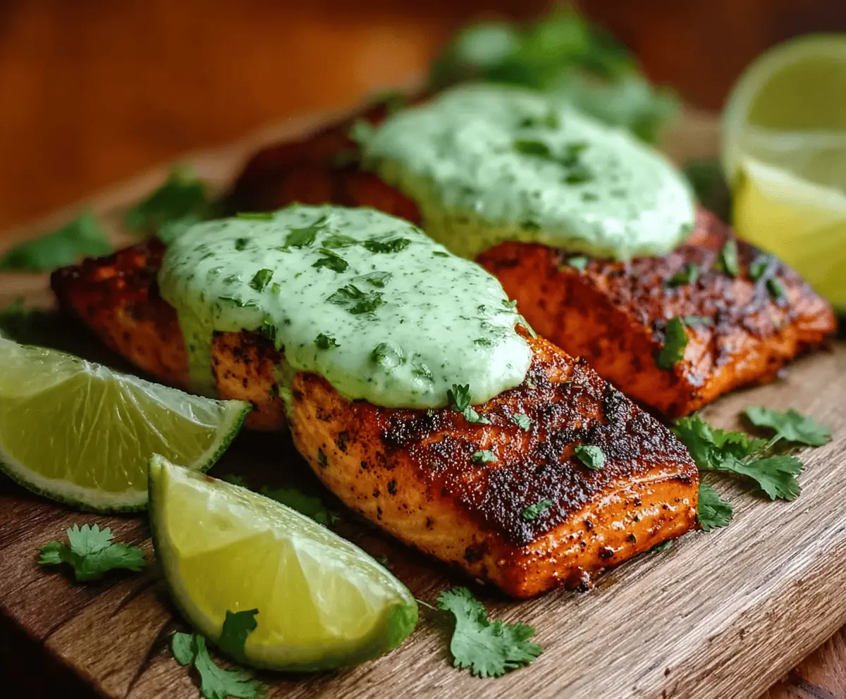 Delicious Cajun salmon fillet topped with creamy avocado lime sauce, served with fresh herbs and lemon wedges for a flavorful seafood meal.