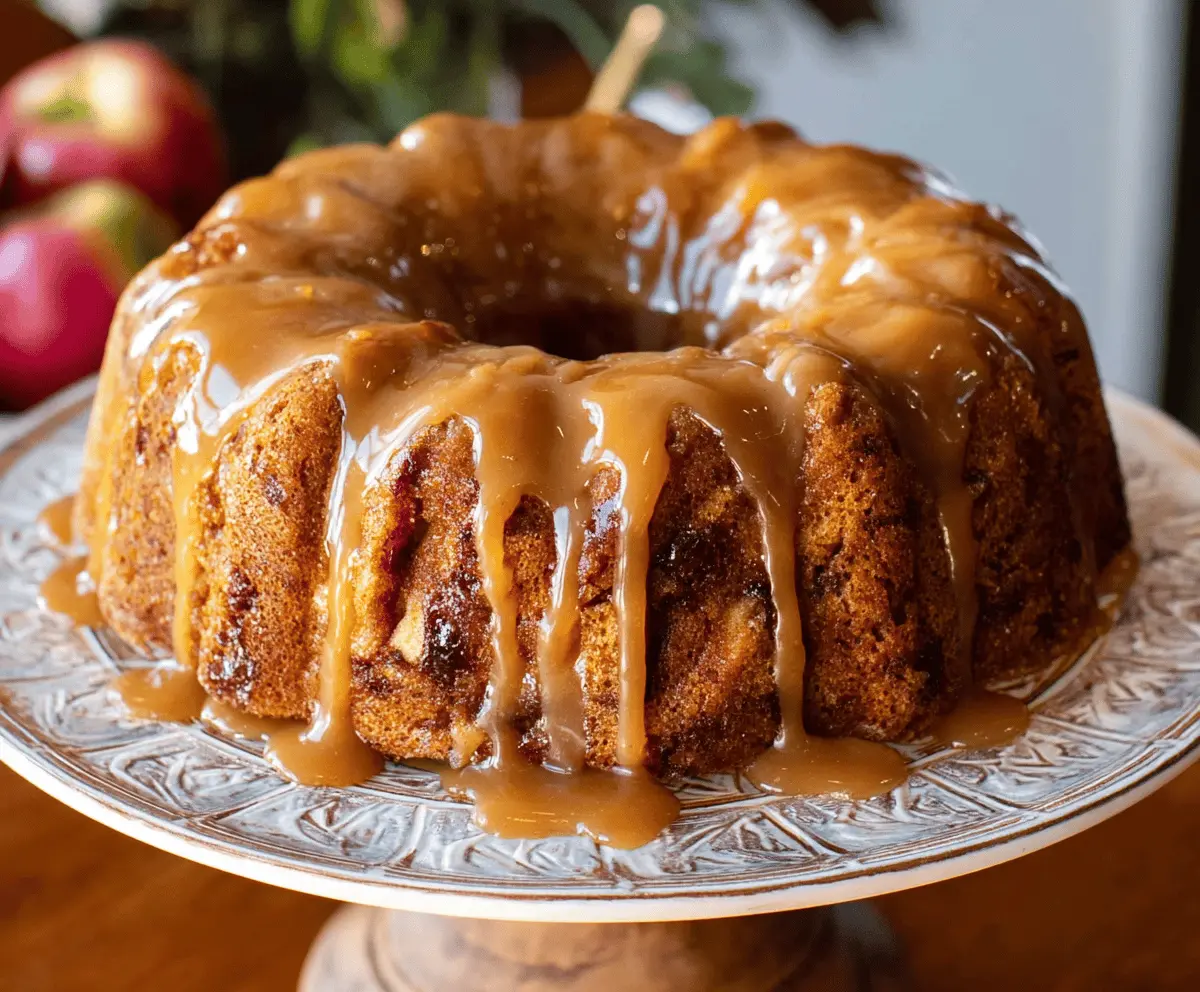 Delicious Caramel Apple Bundt Cake topped with caramel glaze and apple slices, ready to serve