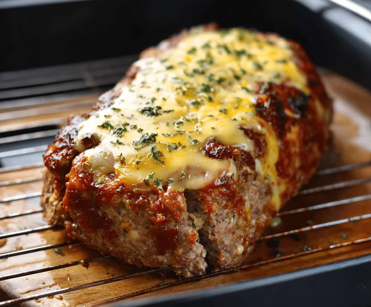 Delicious cheddar-stuffed meatloaf topped with melted cheese and fresh herbs, served on a white plate