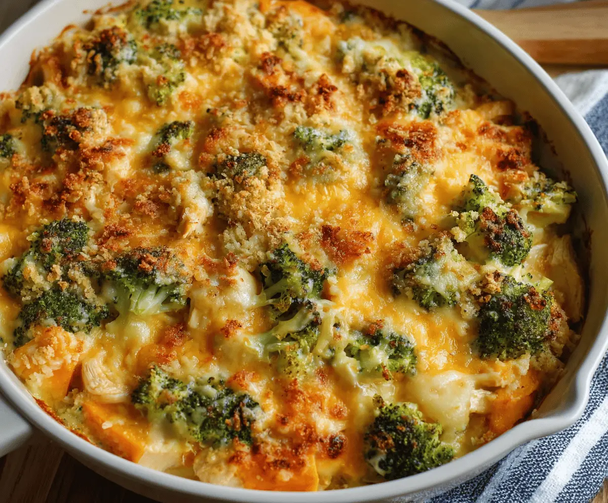 Delicious cheesy chicken sweet potato broccoli casserole topped with melted cheese and fresh herbs, perfect for a nutritious family dinner.