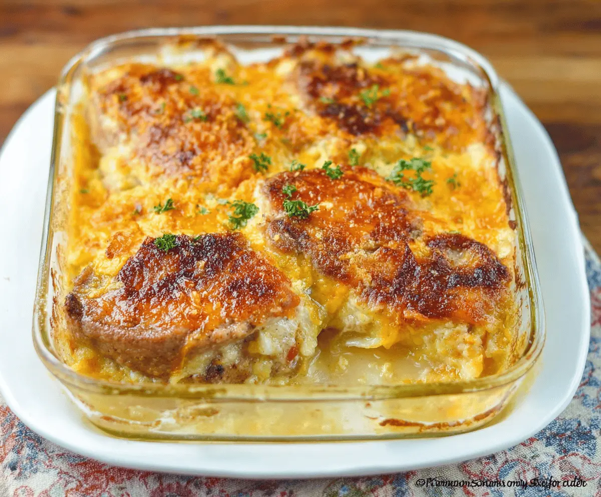 Delicious cheesy pork chop potato casserole with melted cheese, tender pork chops, and crispy potato topping, perfect for a hearty family dinner.