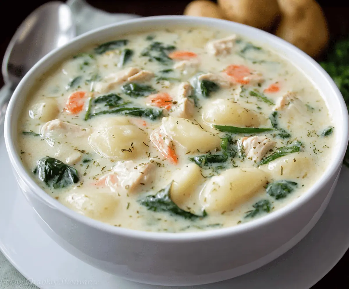 Creamy Chicken Gnocchi Soup in a bowl with tender gnocchi, shredded chicken, spinach, and a flavorful broth garnished with herbs.