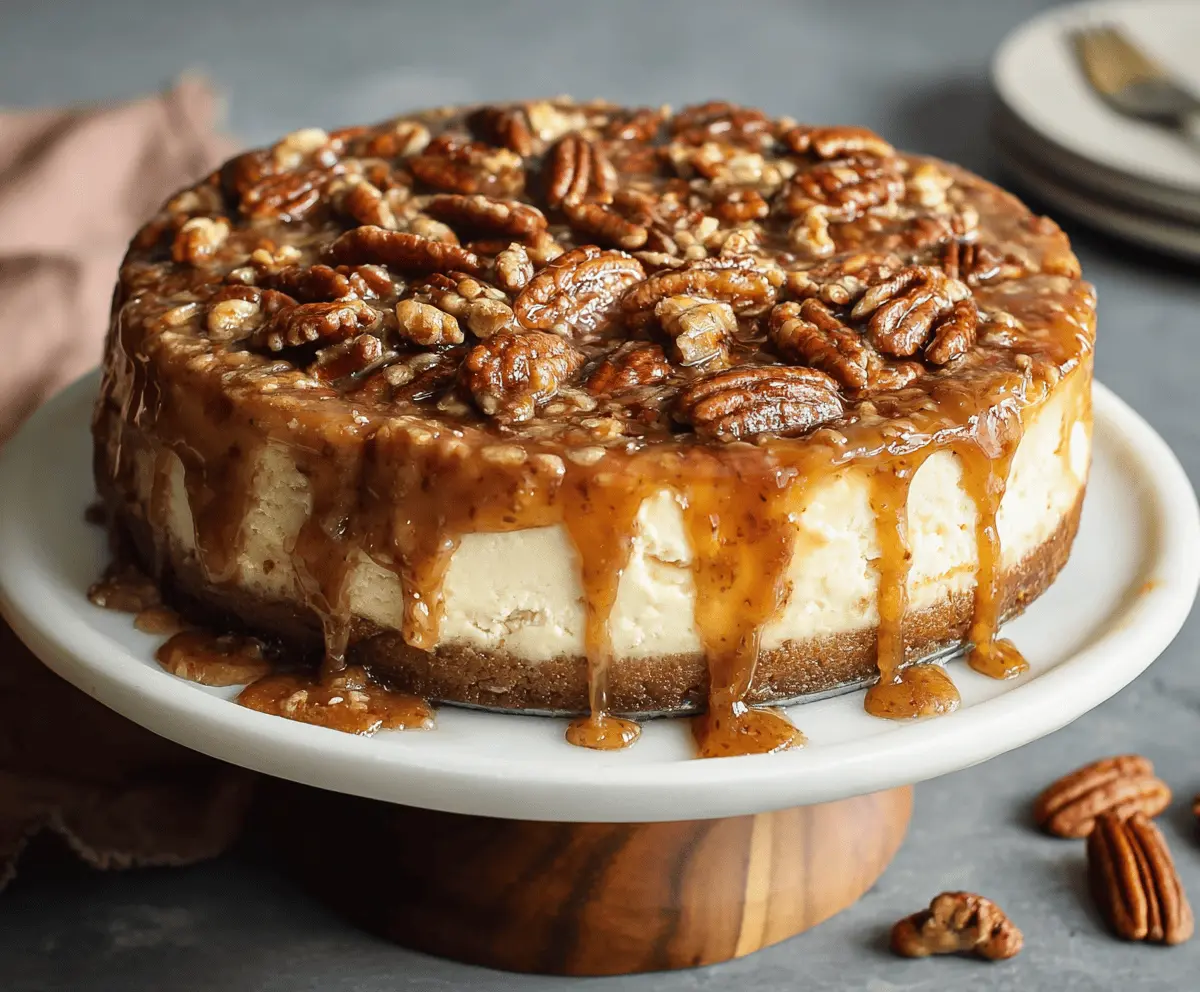 Delicious Cinnamon Pecan Pie Cheesecake topped with pecans and cinnamon swirl
