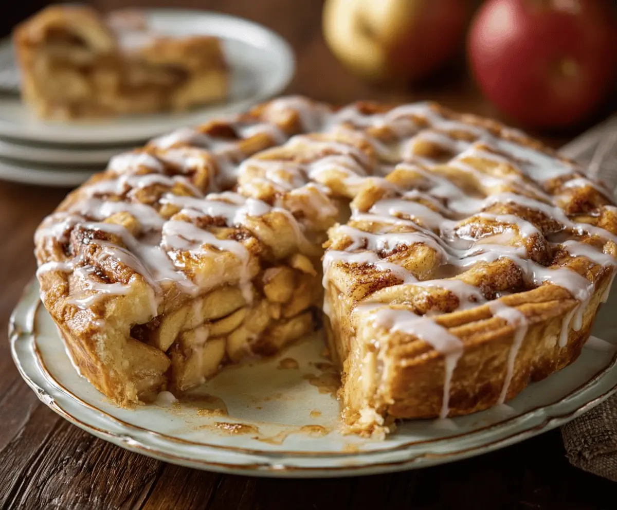 Delicious cinnamon roll apple pie topped with icing, featuring flaky crust and caramelized apple filling, perfect for dessert or a sweet treat