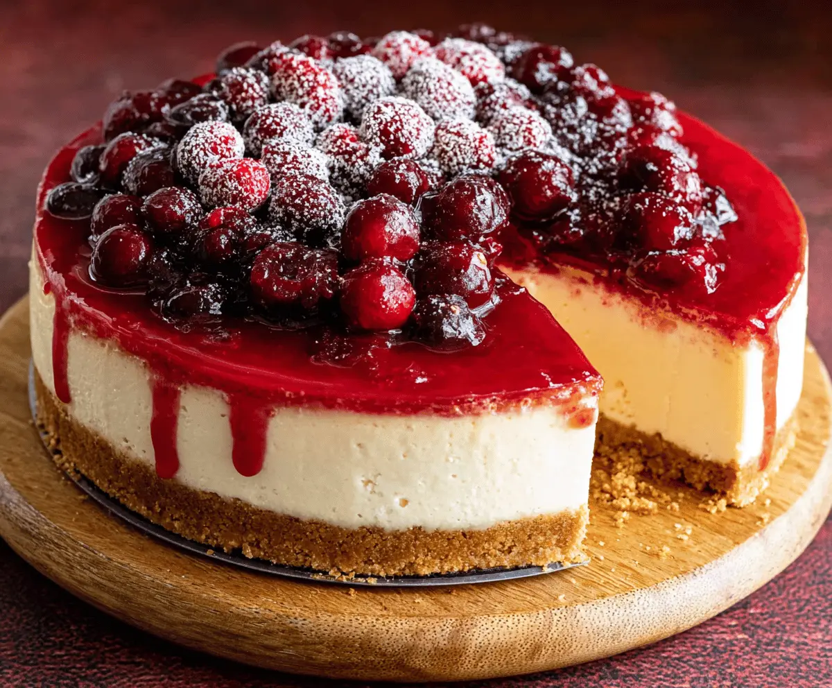 Delicious cranberry cheesecake topped with fresh cranberries and a graham cracker crust, perfect for holiday desserts.