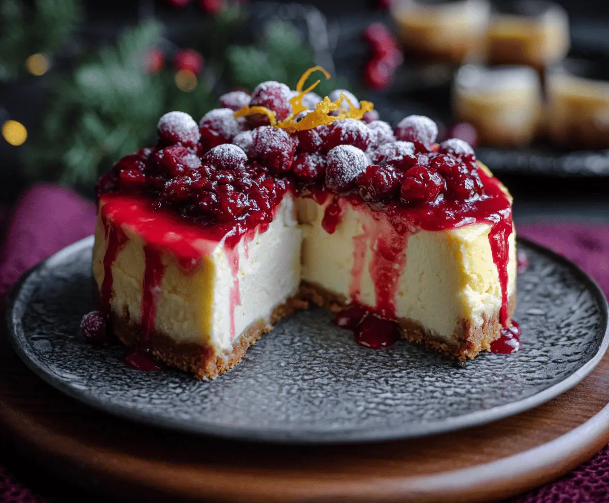 Delicious cranberry orange cheesecake topped with fresh cranberries and orange zest, perfect for holiday desserts.