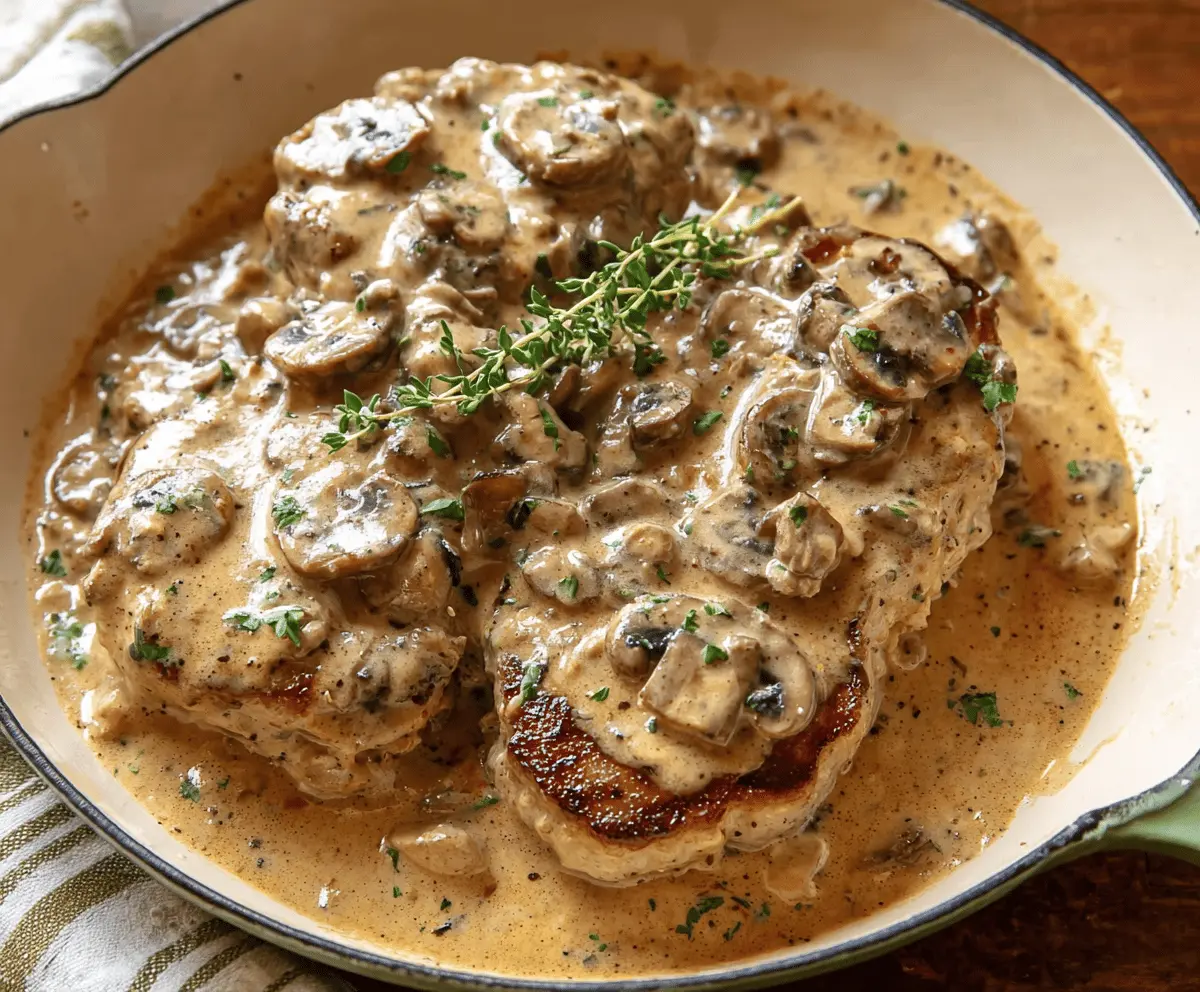 Cream of Mushroom Pork Chops served with creamy mushroom sauce on a white plate, garnished with fresh herbs, perfect for a comforting dinner.