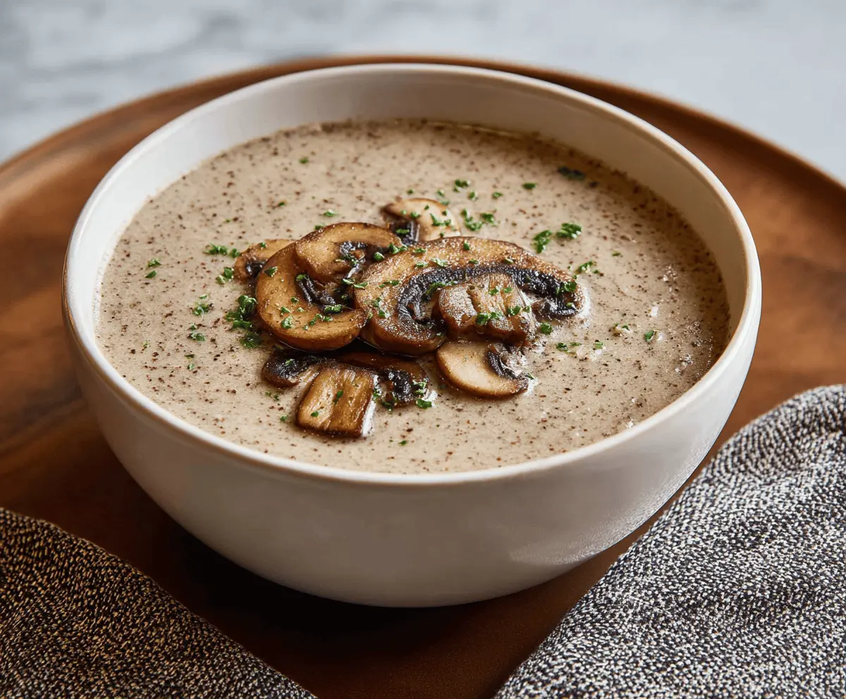 A bowl of creamy homemade mushroom soup garnished with fresh herbs and served with crusty bread.
