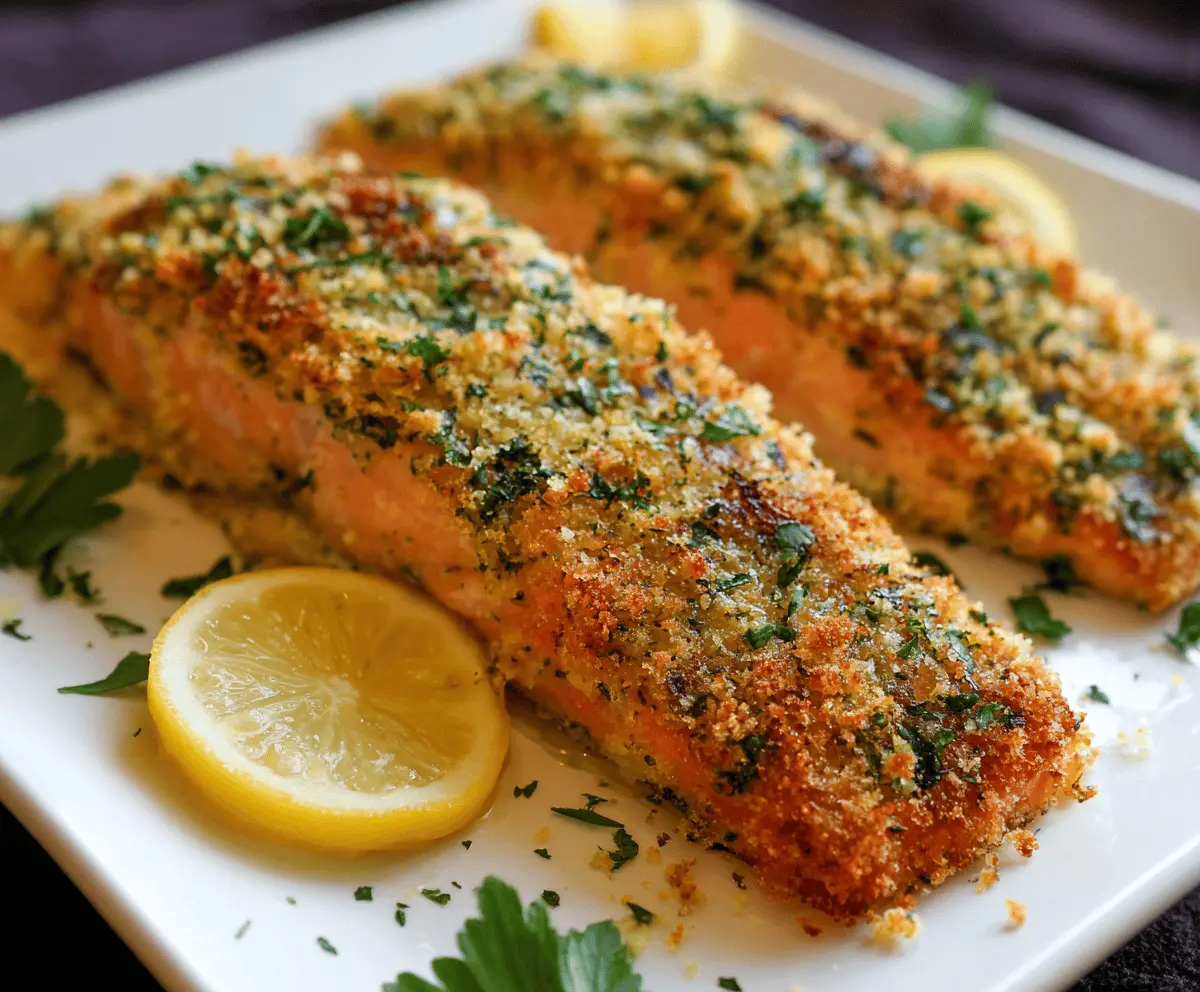 Delicious crusty salmon topped with Parmesan cheese and fresh herbs, served on a white plate for a flavorful and healthy meal.