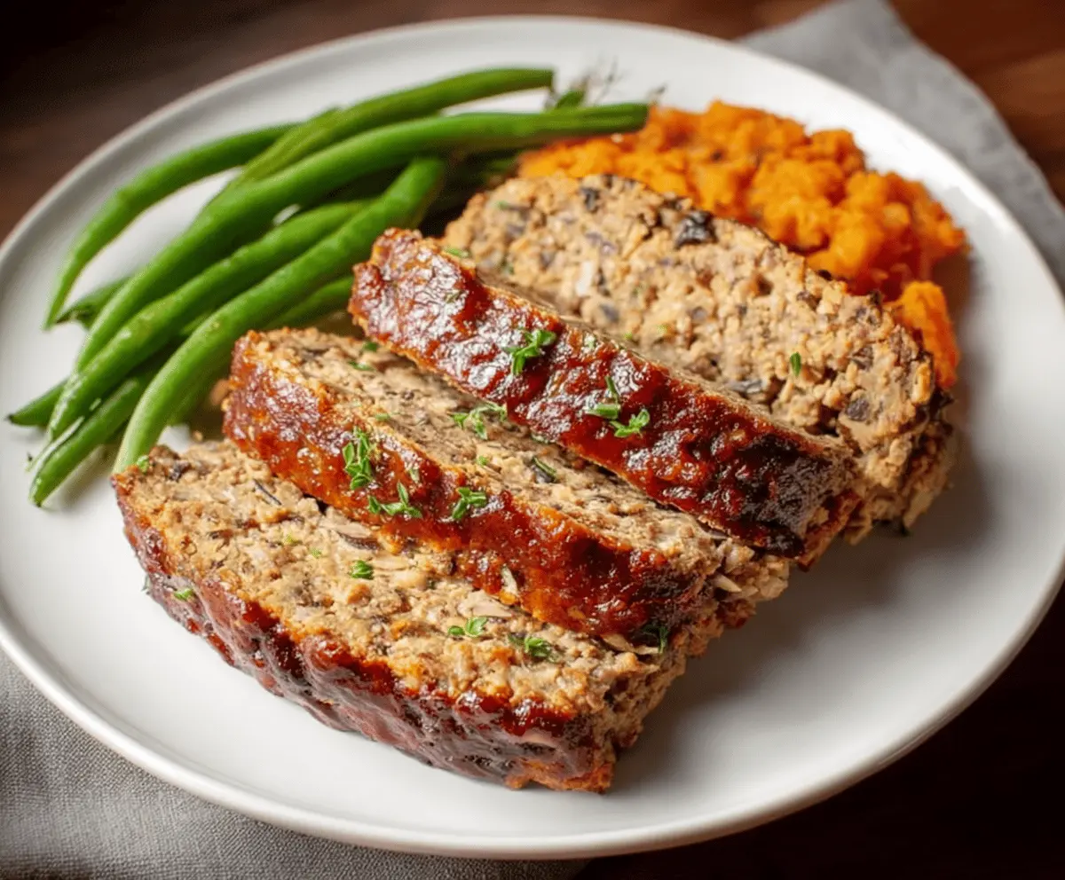 Delicious dairy-free meatloaf served on a plate with fresh herbs, perfect for a hearty and gluten-free meal.