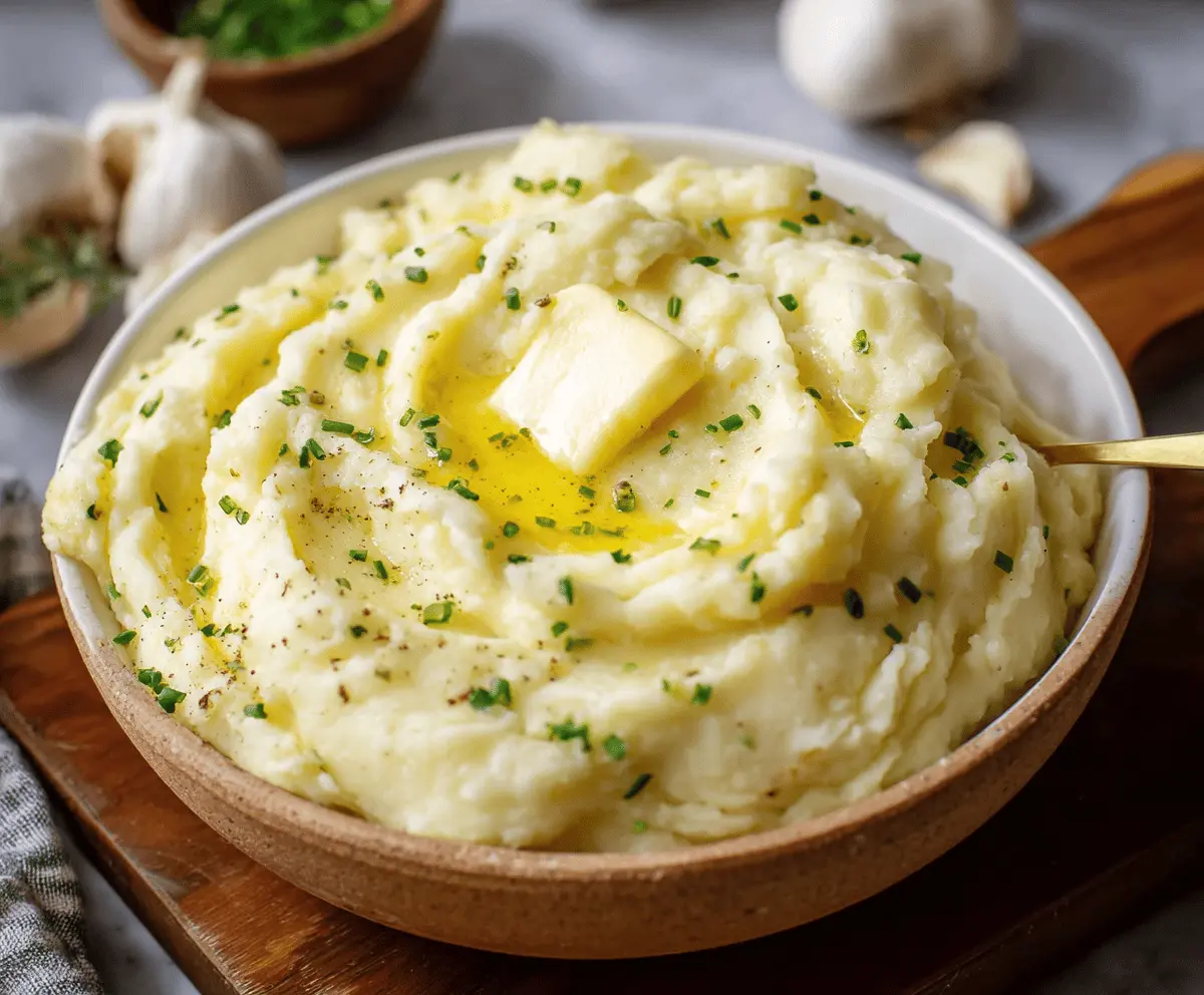 Creamy garlic mashed potatoes garnished with fresh herbs, perfect as a comforting side dish.
